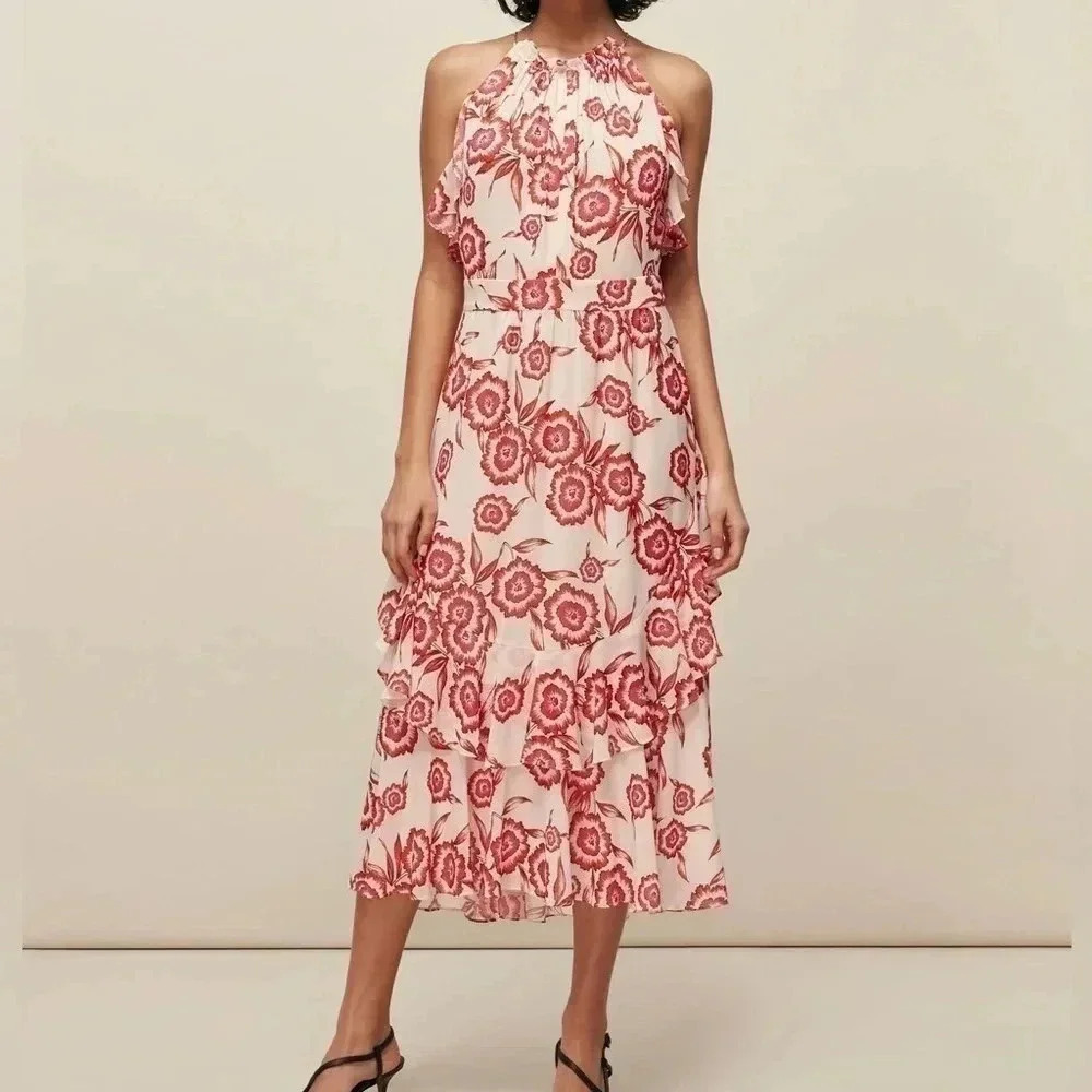 Whistles Devina Diagonal Floral Dress Halter Pink Cream Sundress Sleeveless S
